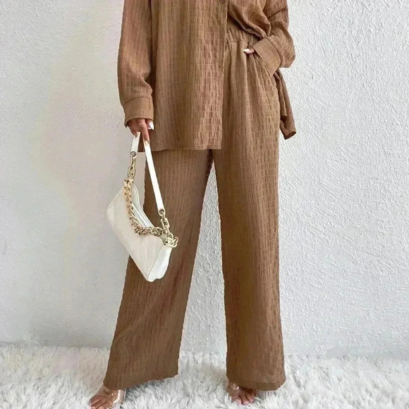 Brown Casual Women's Solid Drop Shoulder Shirt & Wide Leg Pants - Picture 5 of 6